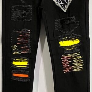 Jewel House Black and Yellow Distressed Straight Leg Jeans